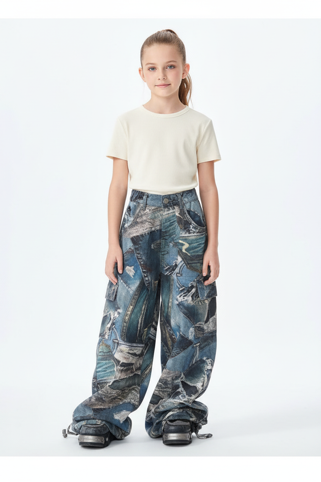 Pantalon Cargo Ample Denim Imprimé Patchwork Enfant - Jean