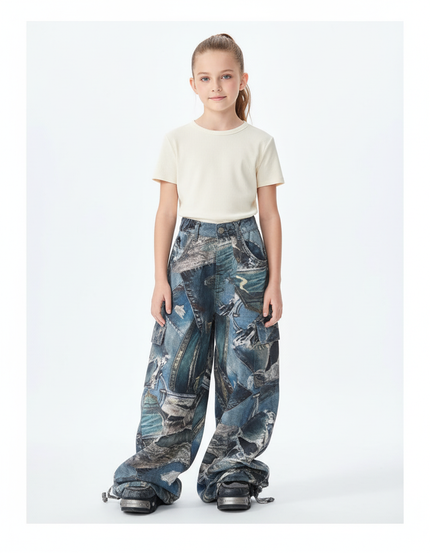 Pantalon Cargo Ample Denim Imprimé Patchwork Enfant - Jean