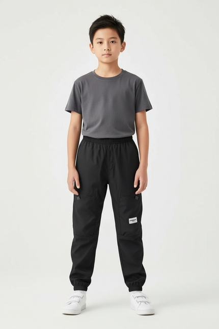 Pantalon Cargo Noir Décontracté Ample Multipoches Enfant - Polyester