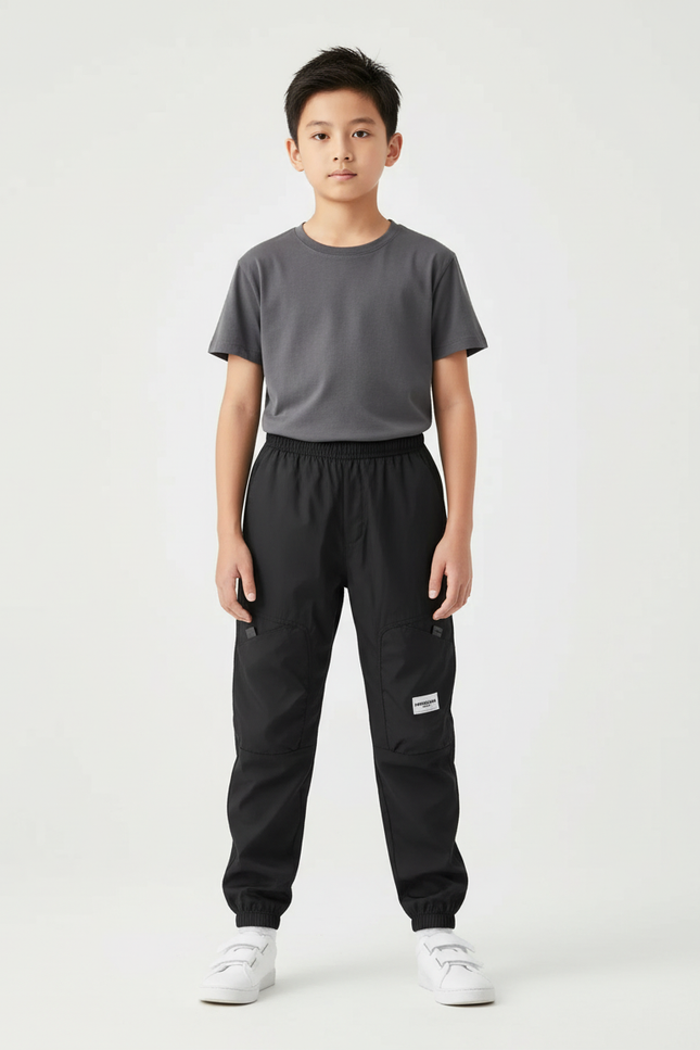 Pantalon Cargo Noir Décontracté Ample Multipoches Enfant - Polyester