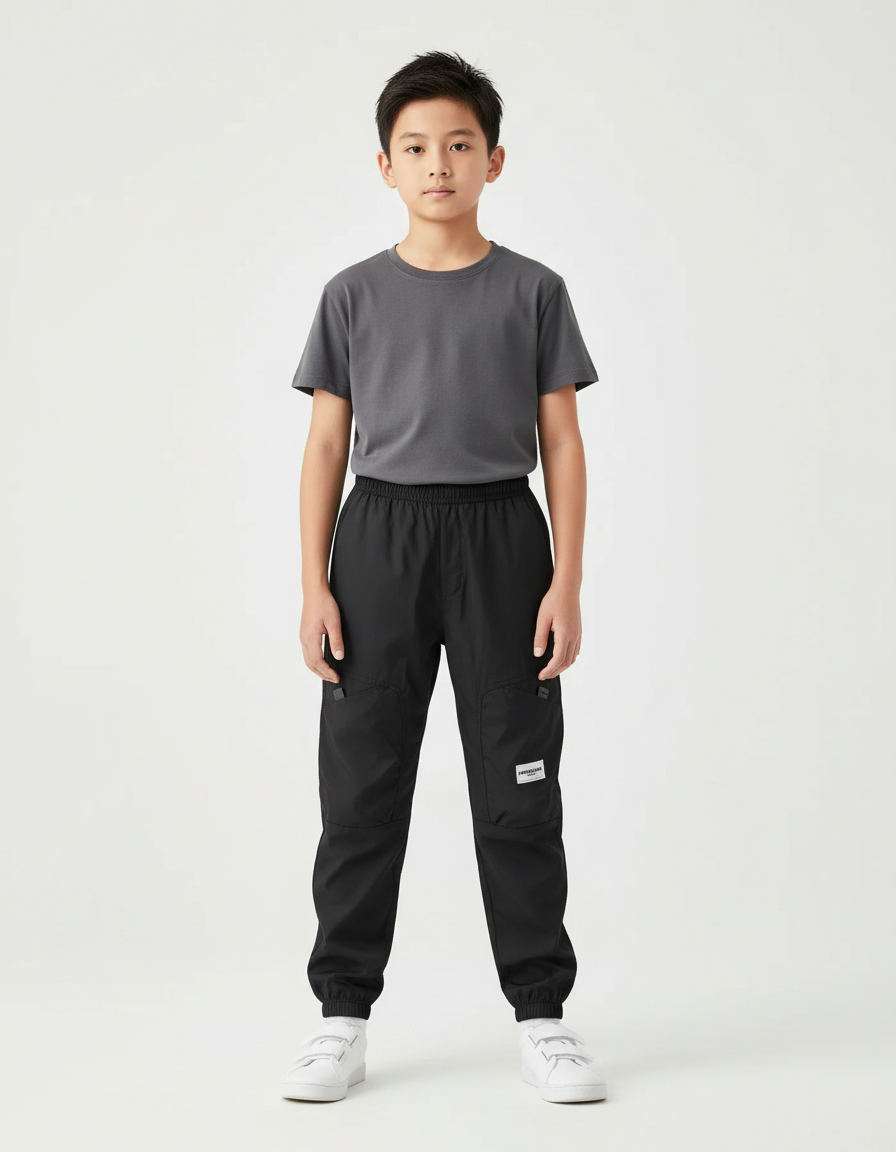 Pantalon Cargo Noir Décontracté Ample Multipoches Enfant - Polyester