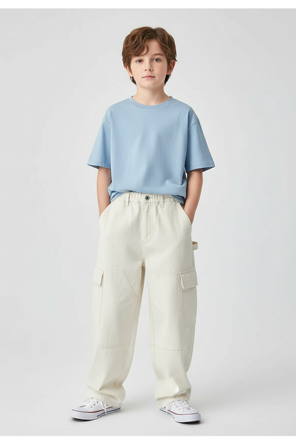 Pantalon Cargo Enfant Coton Beige Ample Décontracté