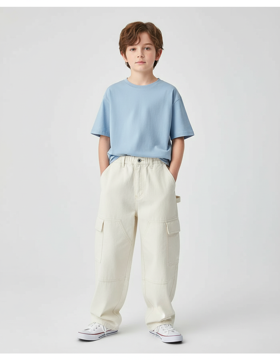 Pantalon Cargo Enfant Coton Beige Ample Décontracté