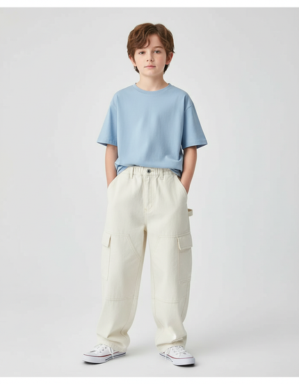 Pantalon Cargo Enfant Coton Beige Ample Décontracté