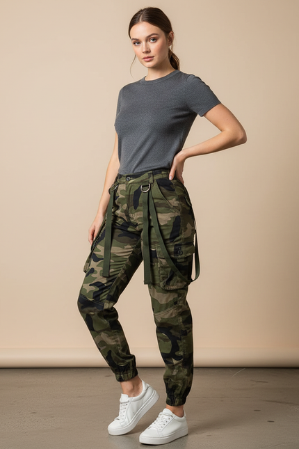Pantalon Cargo Camouflage Militaire Ceinture Sangles Femme - Kaki Toile