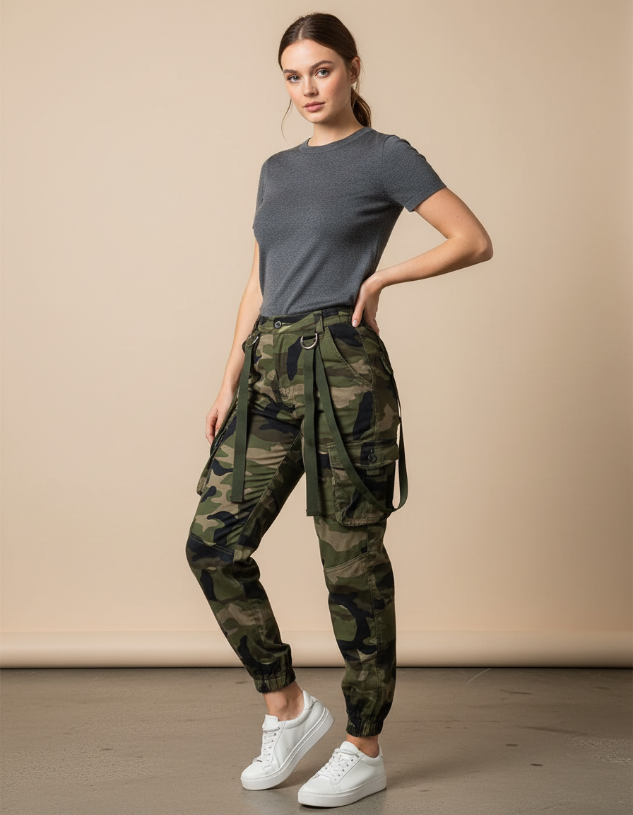 Pantalon Cargo Camouflage Militaire Ceinture Sangles Femme - Kaki Toile