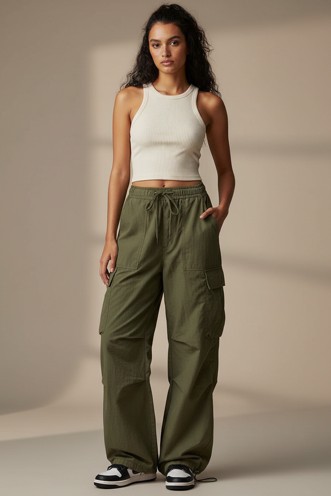 Pantalon Cargo Vert Ample Décontracté Fluide Femme - Kaki Toile