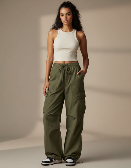 Pantalon Cargo Vert Ample Décontracté Fluide Femme - Kaki Toile
