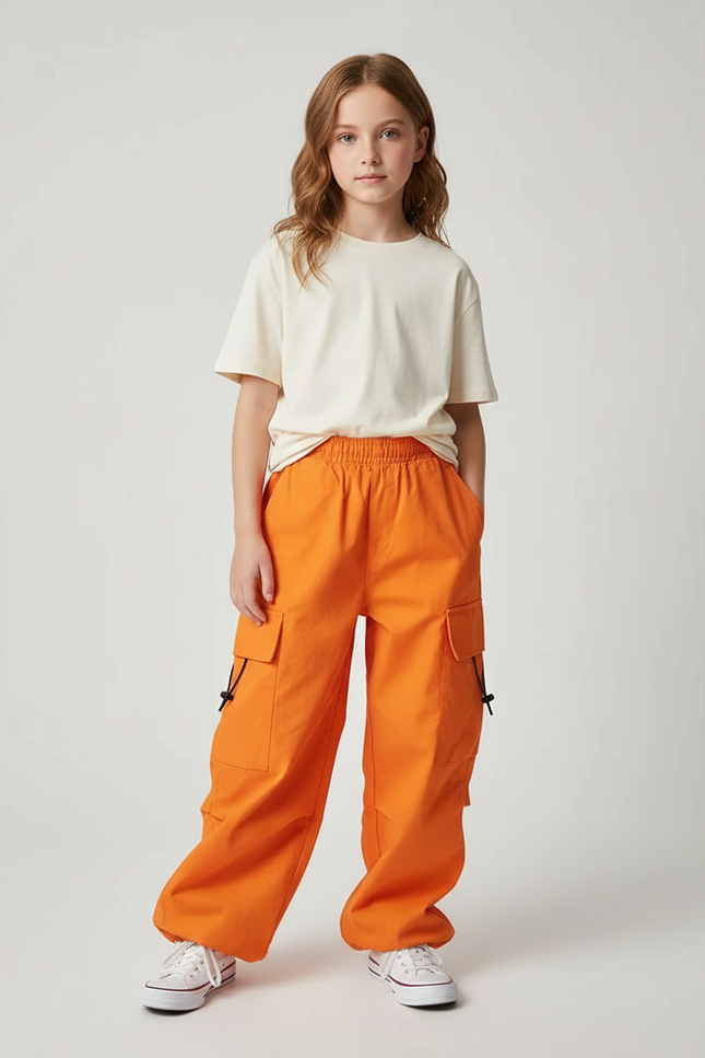 Pantalon Cargo Orange Ample Enfant Coton Poches - Toile
