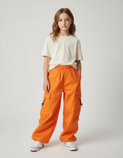 Pantalon Cargo Orange Ample Enfant Coton Poches - Toile