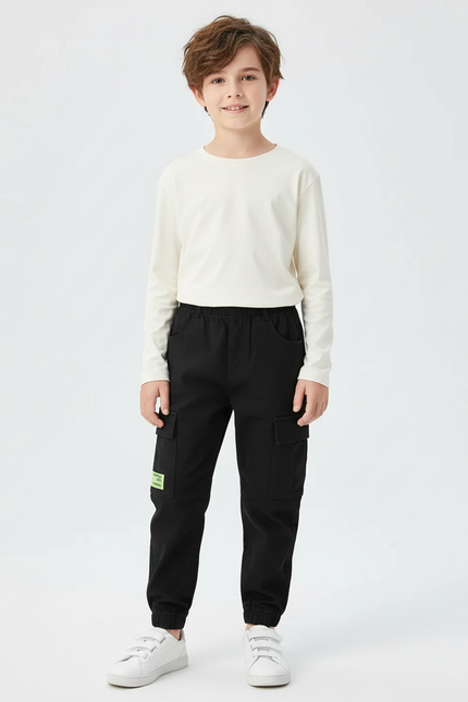 Pantalon Cargo Noir Coton Multipoches Enfant Garçon