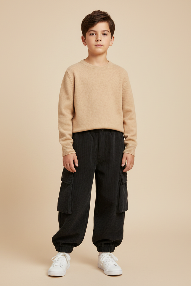 Pantalon Cargo Noir Côtelé Ample Enfant Hiver - Cordé