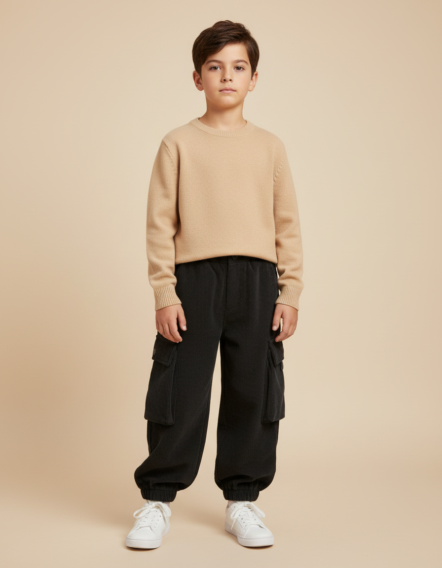 Pantalon Cargo Noir Côtelé Ample Enfant Hiver - Cordé