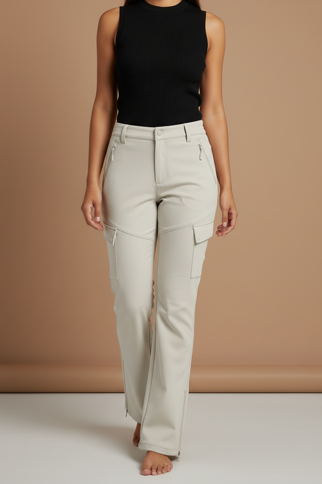 Pantalon Cargo Femme Beige Coupe Droite Multipoches Zippées - Polyester