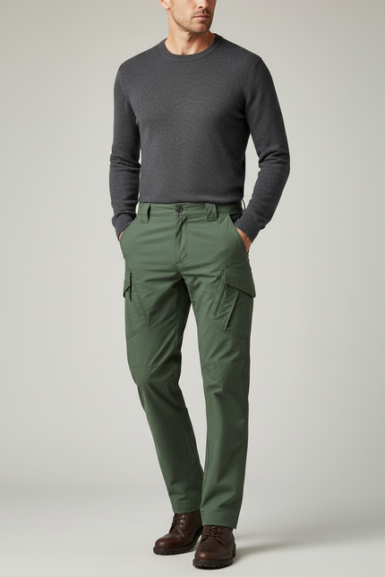 Pantalon Cargo Vert Militaire Homme Multipoches Coton - Kaki