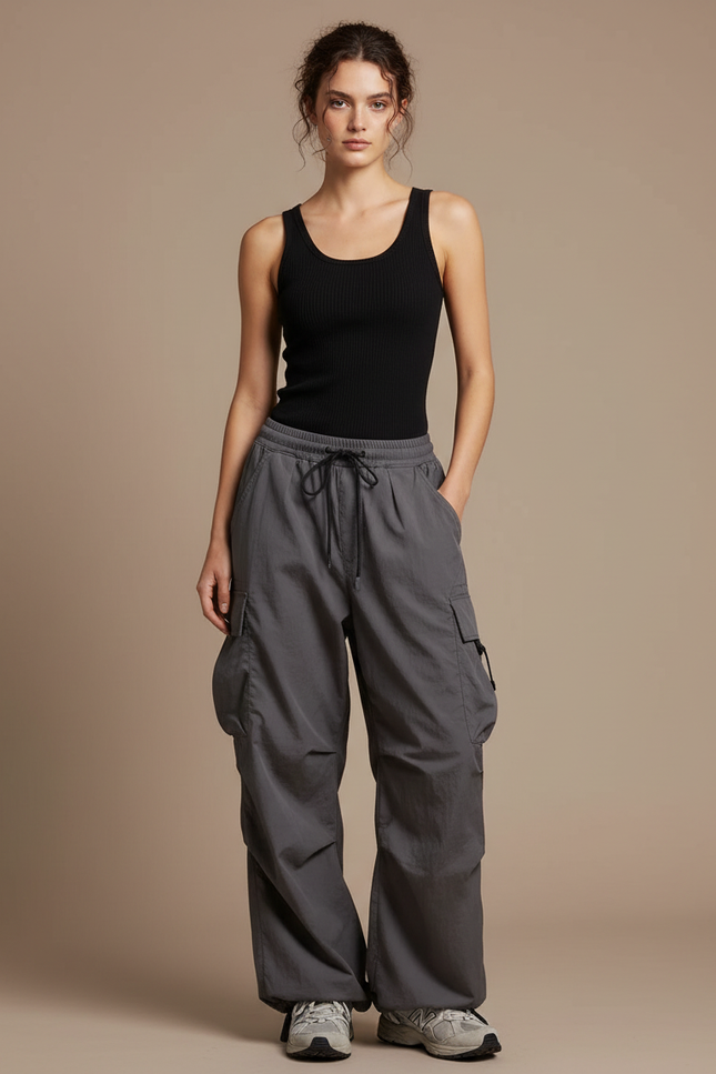 Pantalon Cargo Gris Ample Décontracté Poches Femme - Polyester