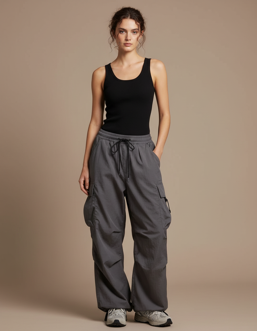 Pantalon Cargo Gris Ample Décontracté Poches Femme - Polyester