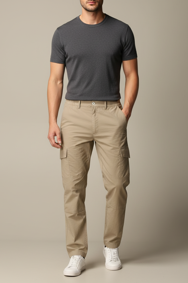 Pantalon Cargo Beige Décontracté Coton Multi-Poches Homme