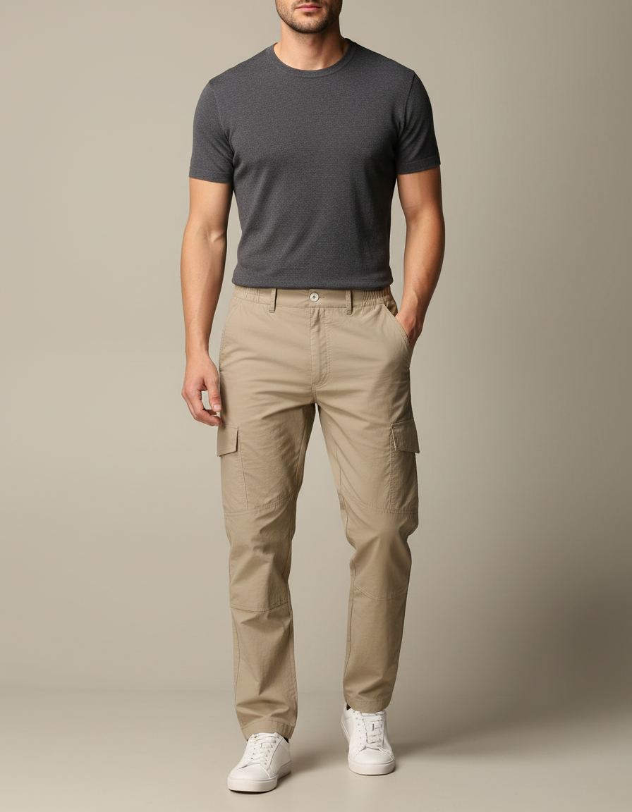 Pantalon Cargo Beige Décontracté Coton Multi-Poches Homme