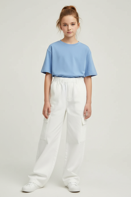 Pantalon Cargo Blanc Ample Multipoches Décontracté Fille - Toile