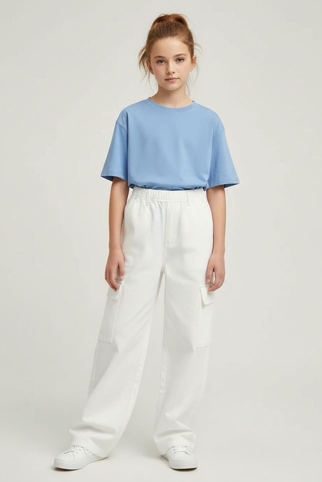 Pantalon Cargo Blanc Ample Multipoches Décontracté Fille - Toile
