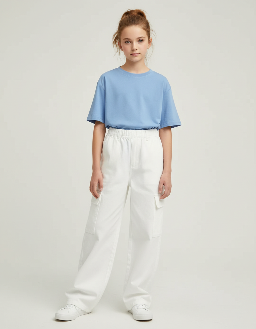 Pantalon Cargo Blanc Ample Multipoches Décontracté Fille - Toile