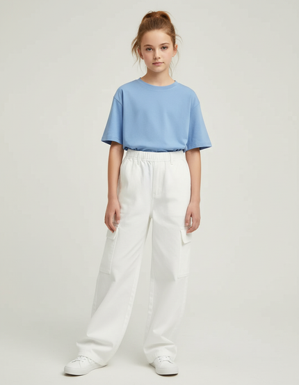 Pantalon Cargo Blanc Ample Multipoches Décontracté Fille - Toile