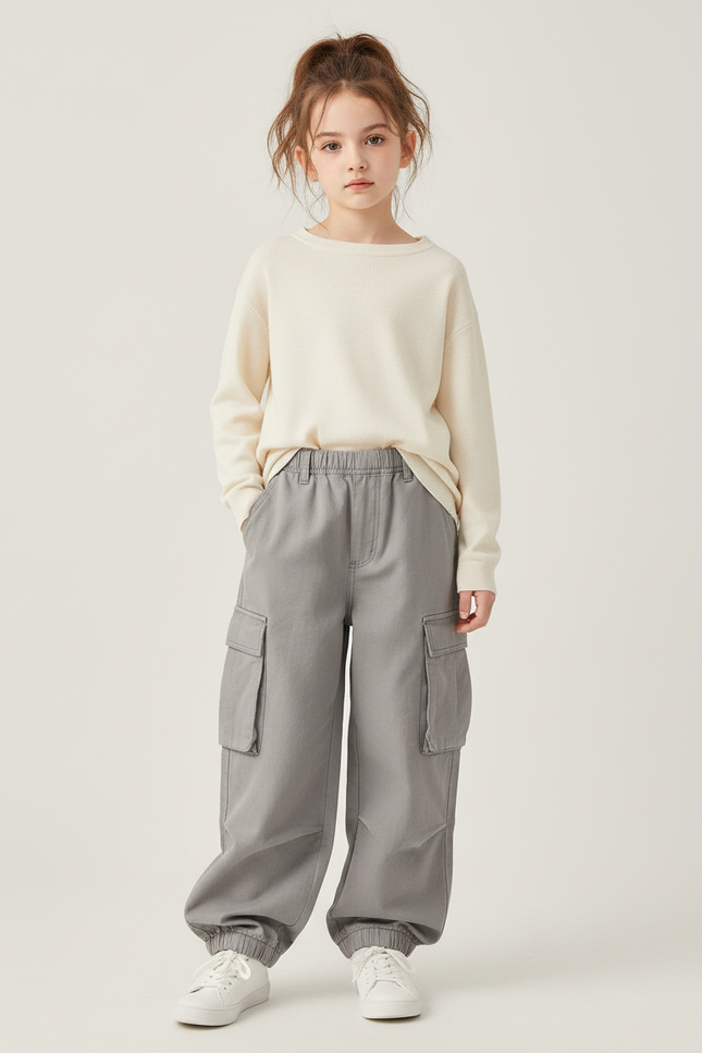 Pantalon Cargo Gris Ample Décontracté Enfant Multipoches - Toile