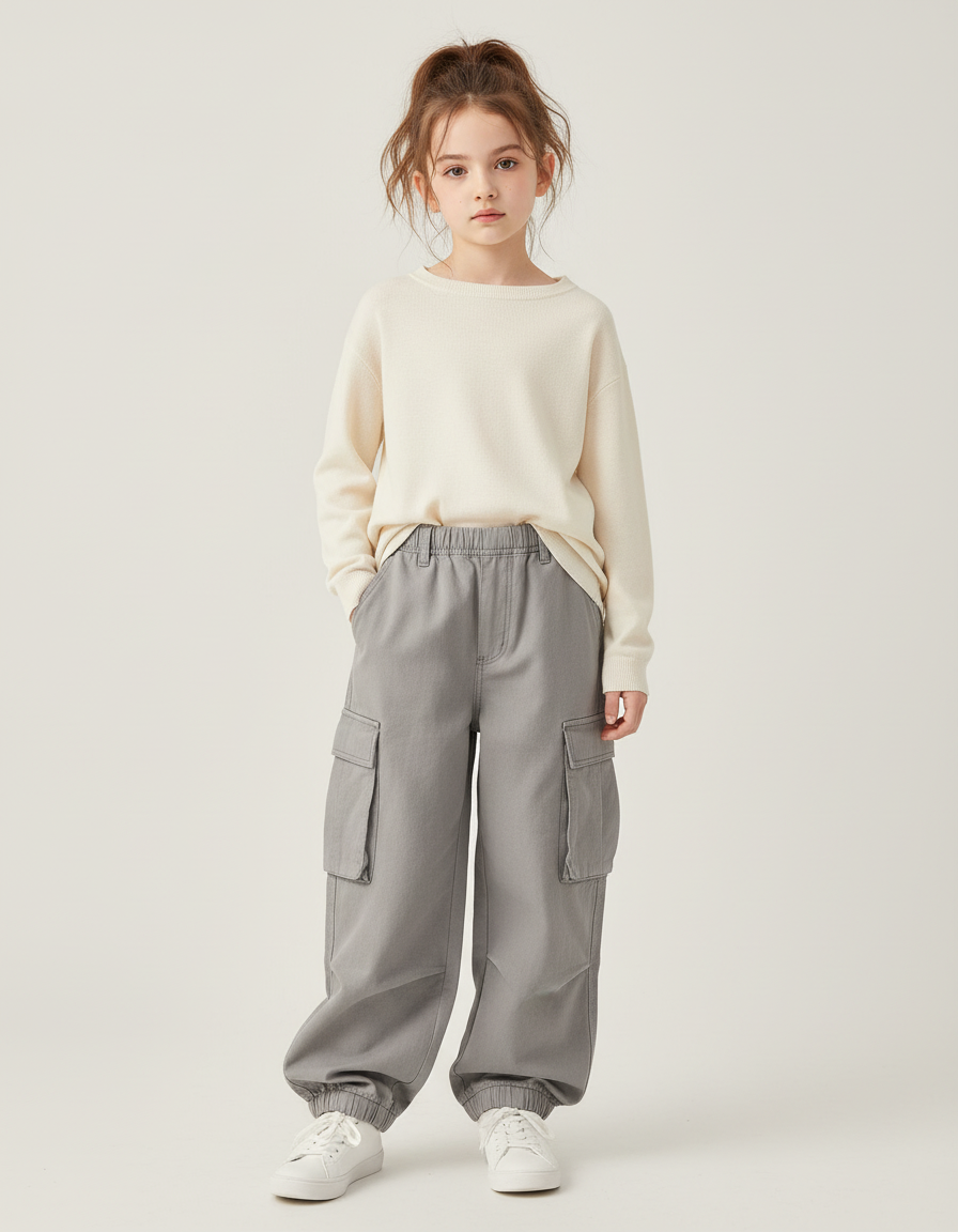 Pantalon Cargo Gris Ample Décontracté Enfant Multipoches - Toile