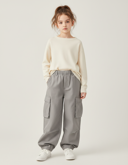 Pantalon Cargo Gris Ample Décontracté Enfant Multipoches - Toile