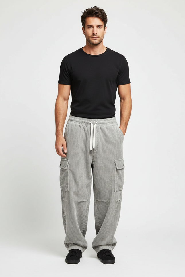 Pantalon Cargo Gris Côtelé Ample Décontracté Homme - Cordé