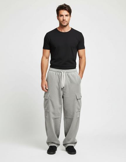 Pantalon Cargo Gris Côtelé Ample Décontracté Homme - Cordé