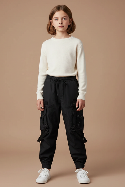 Pantalon Cargo Noir Multipoches Tendance Enfant - Polyester