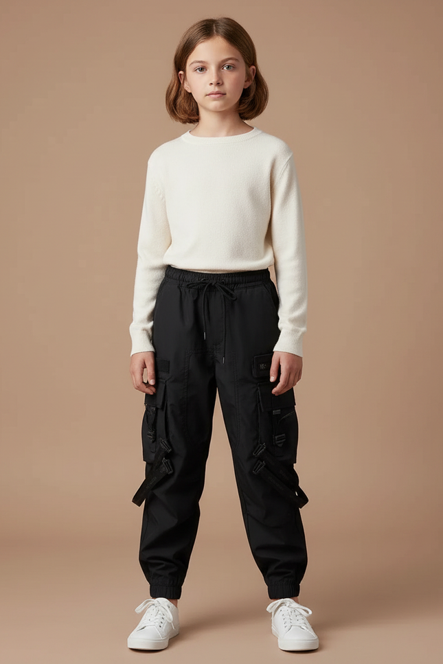 Pantalon Cargo Noir Multipoches Tendance Enfant - Polyester