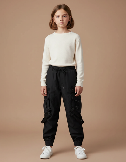 Pantalon Cargo Noir Multipoches Tendance Enfant - Polyester