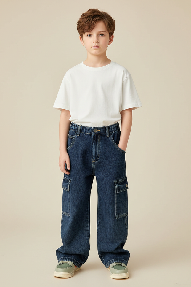 Pantalon Cargo Denim Ample Garçon Multipoches - Marine Jean