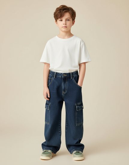 Pantalon Cargo Denim Ample Garçon Multipoches - Marine Jean