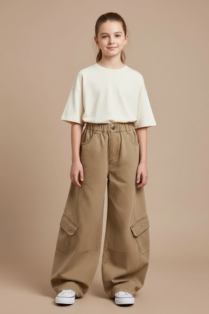 Pantalon Cargo Ample Beige Enfant Multipoches - Kaki Toile