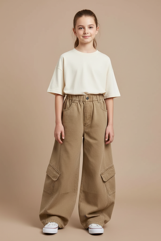 Pantalon Cargo Ample Beige Enfant Multipoches - Kaki Toile