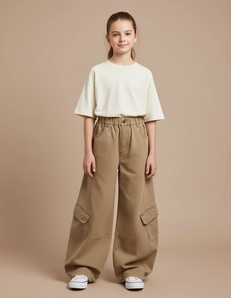 Pantalon Cargo Ample Beige Enfant Multipoches - Kaki Toile