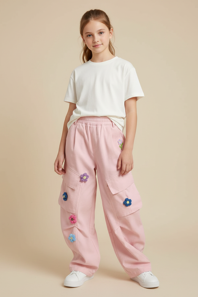 Pantalon Cargo Rose Ample Broderie Fleurs Fille - Toile