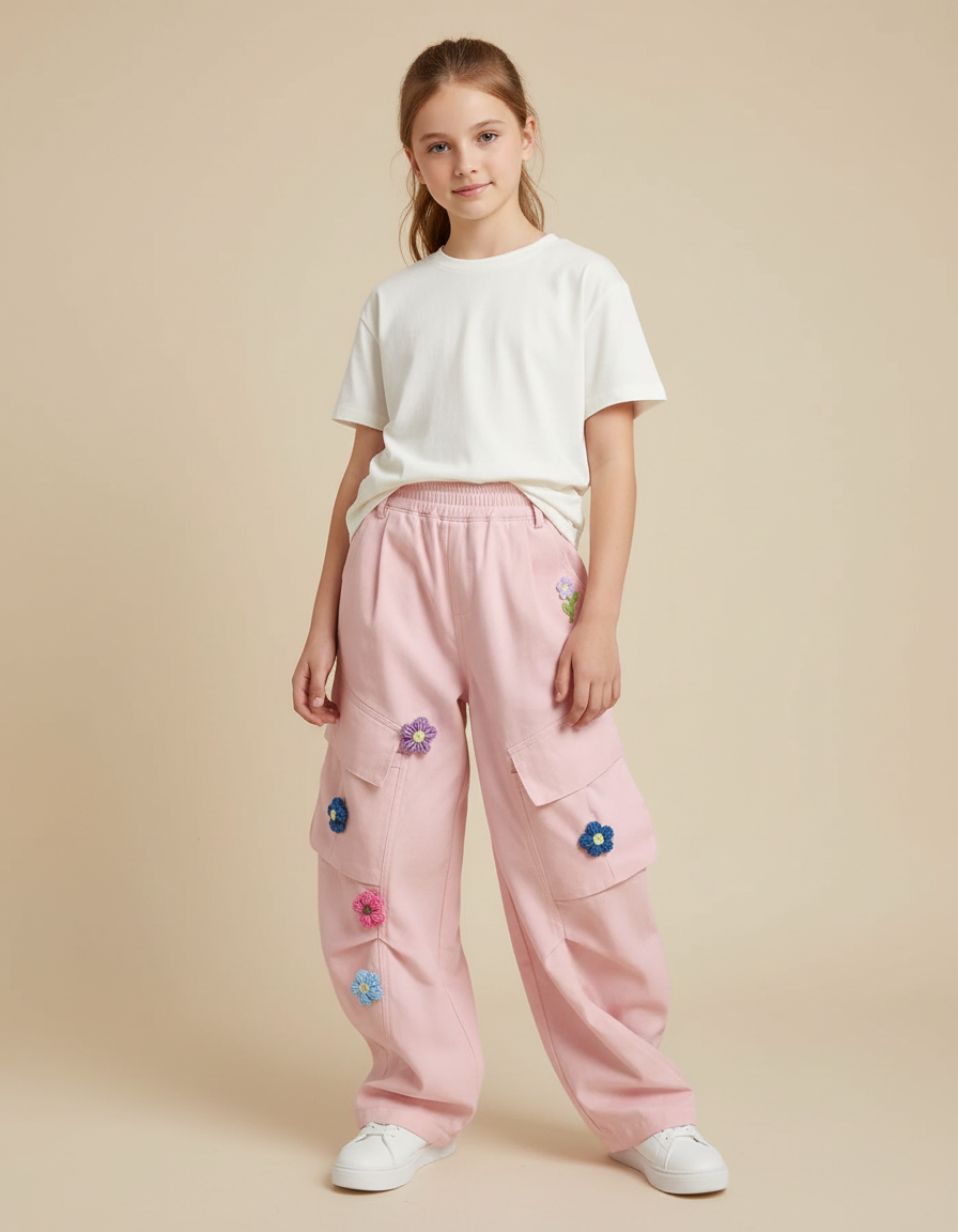 Pantalon Cargo Rose Ample Broderie Fleurs Fille - Toile