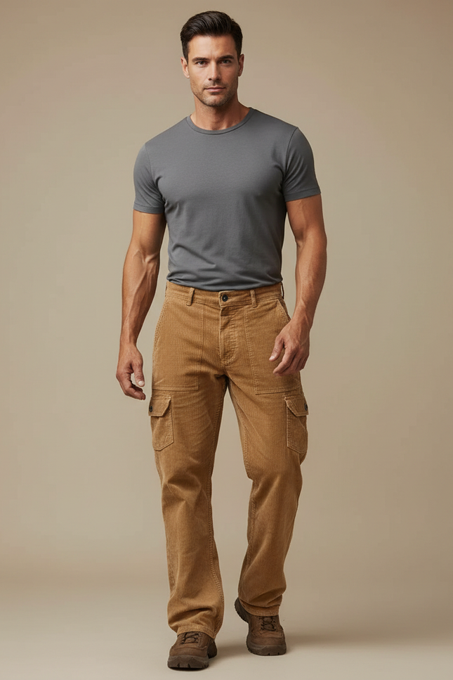 Pantalon Cargo Marron Côtelé Ample Homme - Camel Cordé