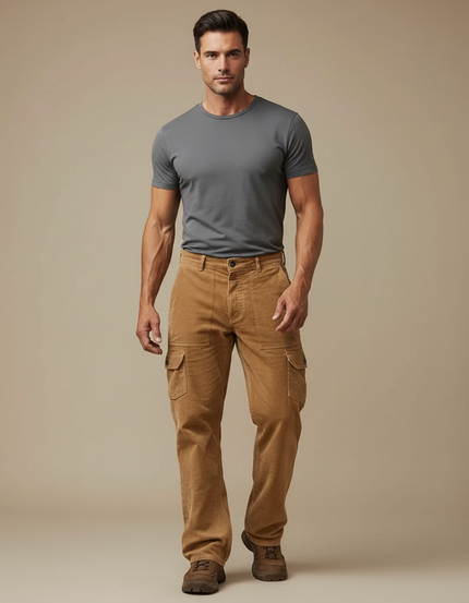 Pantalon Cargo Marron Côtelé Ample Homme - Camel Cordé