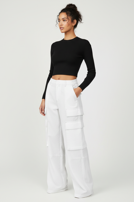 Pantalon Cargo Blanc Ample Taille Haute Poches Larges - Toile
