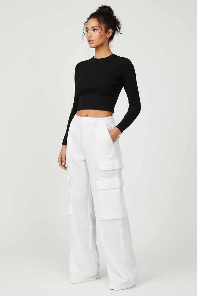 Pantalon Cargo Blanc Ample Taille Haute Poches Larges - Toile
