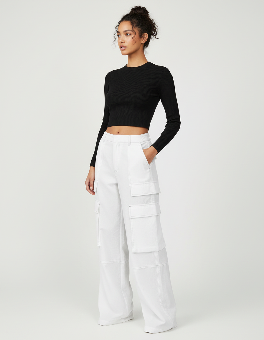 Pantalon Cargo Blanc Ample Taille Haute Poches Larges - Toile