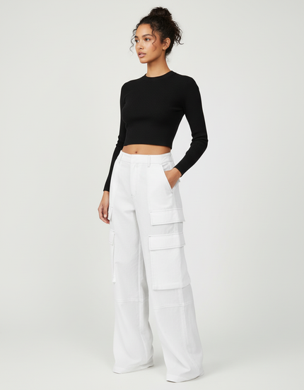 Pantalon Cargo Blanc Ample Taille Haute Poches Larges - Toile