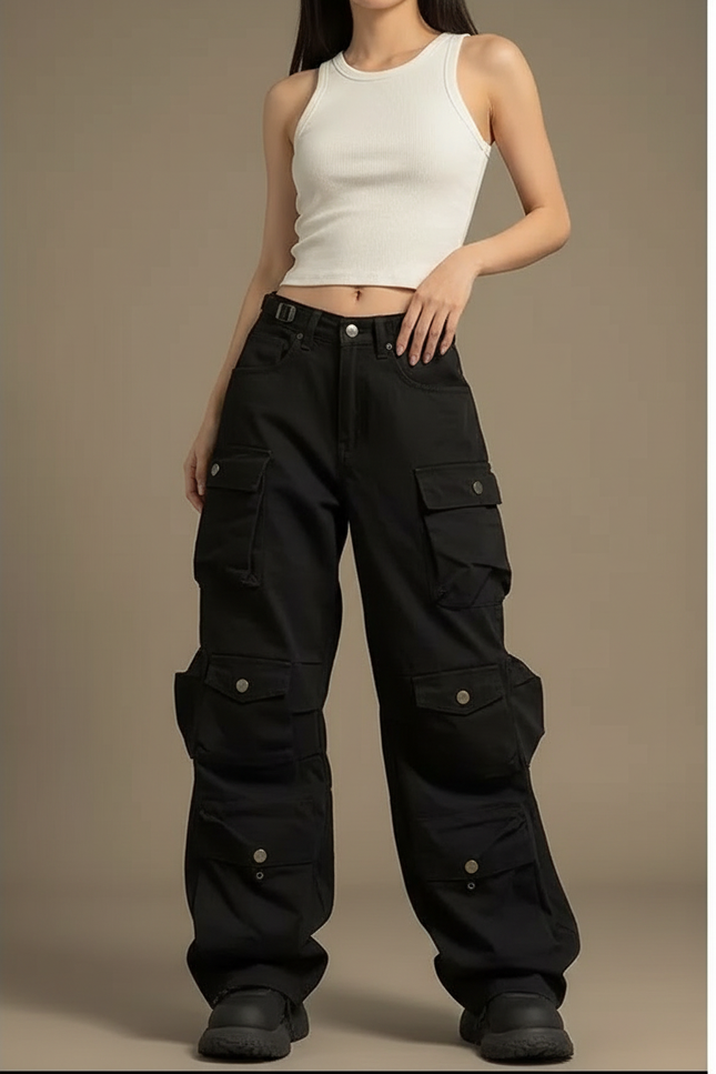 Pantalon Cargo Noir Ample Multipoches Y2K Femme - Toile