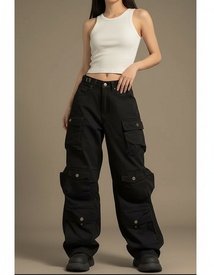 Pantalon Cargo Noir Ample Multipoches Y2K Femme - Toile